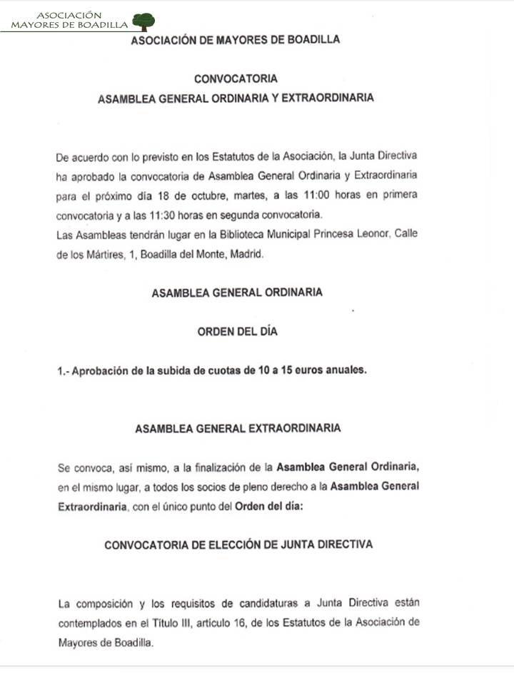 CONVOCATORIA ASAMBLEA 18 OCTUBRE 2022 (11:00 h)
